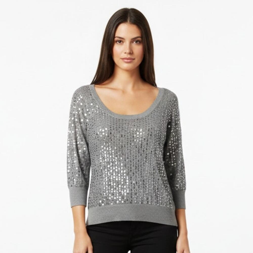 CANDIE'S Gray Sweater Festive Sequins Open Peekaboo Keyhole Back & Bow XL
